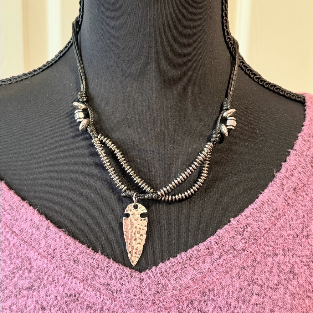 Handmade Black Cord Necklace with Silver Arrowhead Pendant